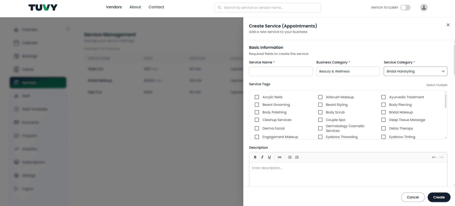 Appointment service create form in the vendor dashboard