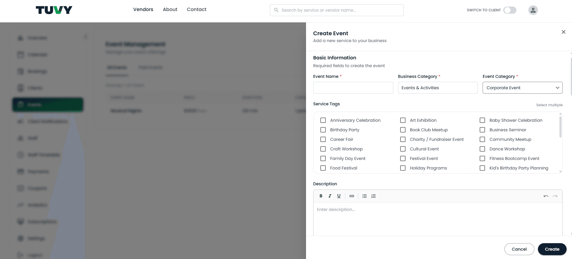 One-time event create form in the vendor dashboard