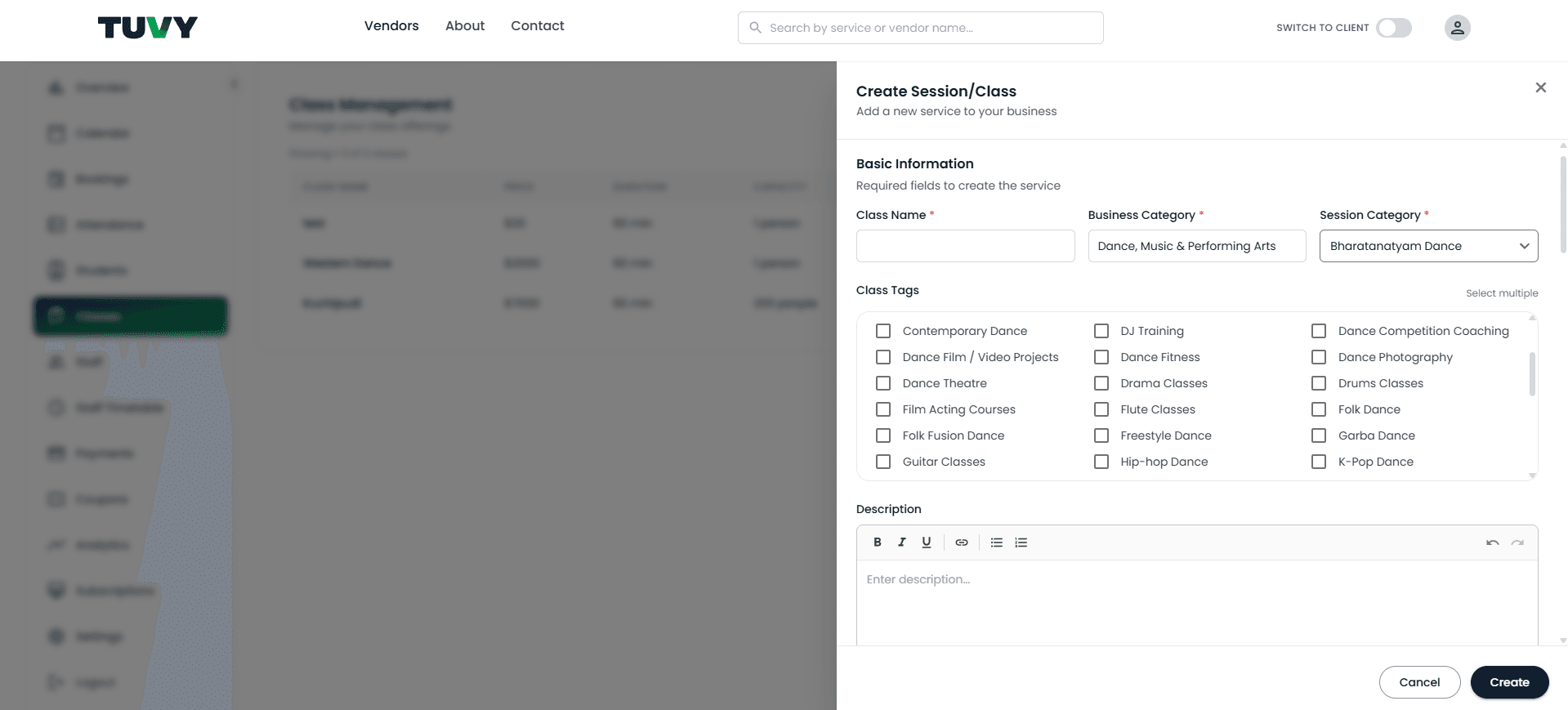 Recurring class or session create form in the vendor dashboard